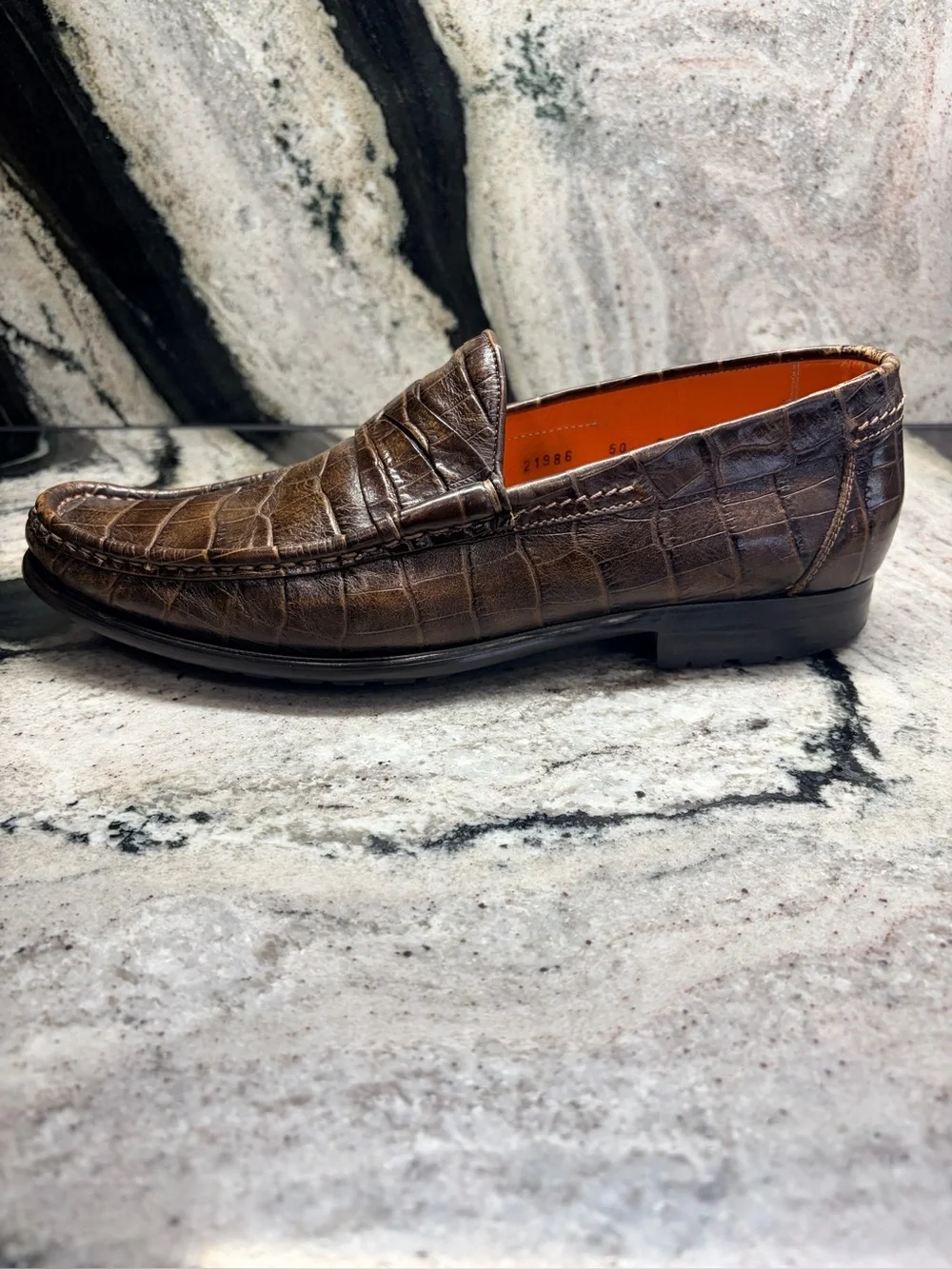 Santoni Croc Embossed Penny Loafers Brown Leather US 10 UK 9.5 Italy
